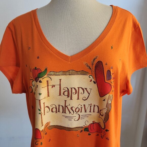 Kathy Davis Tops - Kathy Davis Designs - Bright & Cheerful Happy Thanksgiving Tee Shirt (Size: XL)